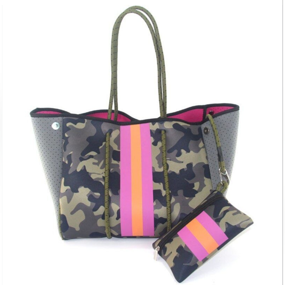 Gretchen Camouflage Neoprene Tote Bag w/ Pink and Orange Stripe & Cosmetic Bag